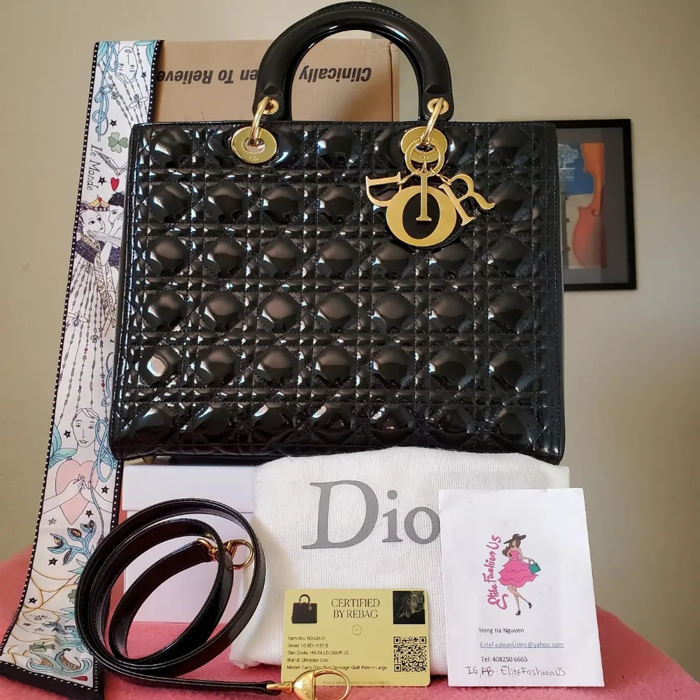 Lady Dior black patent gold hardware large bag - Picture 9 of 12